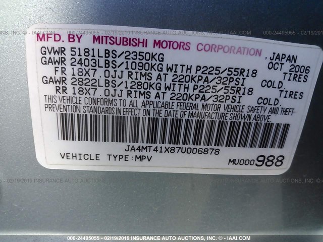 JA4MT41X87U006878 - 2007 MITSUBISHI OUTLANDER XLS BLUE photo 9