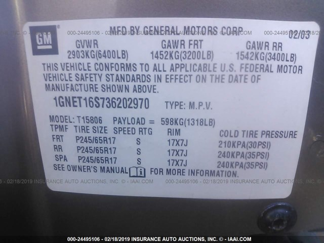 1GNET16S736202970 - 2003 CHEVROLET TRAILBLAZER EXT Champagne photo 9