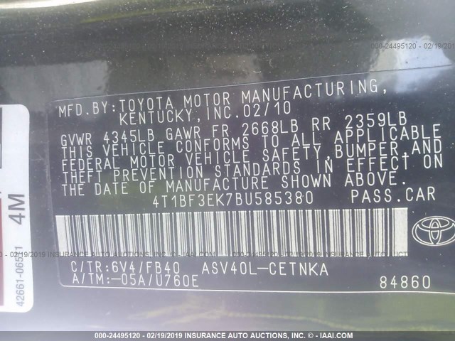 4T1BF3EK7BU585380 - 2011 TOYOTA CAMRY SE/LE/XLE 黑色 照片 9