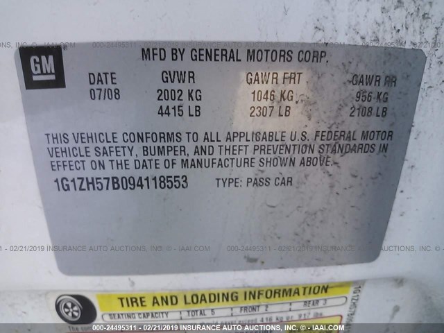 1G1ZH57B094118553 - 2009 CHEVROLET MALIBU 1LT 白色 照片 9