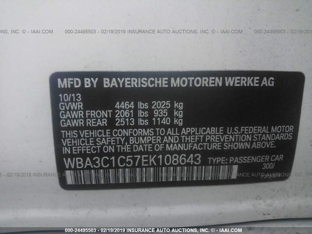 WBA3C1C57EK108643 - 2014 BMW 328 I SULEV WHITE photo 9