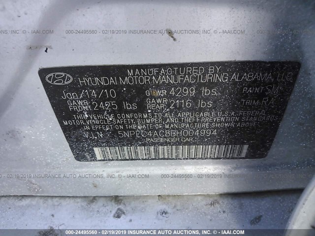 5NPEC4AC8BH004994 - 2011 HYUNDAI SONATA SE/LIMITED SILVER photo 9