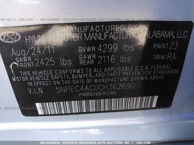 5NPEC4AC0CH362690 - 2012 HYUNDAI SONATA SE/LIMITED SILVER photo 9