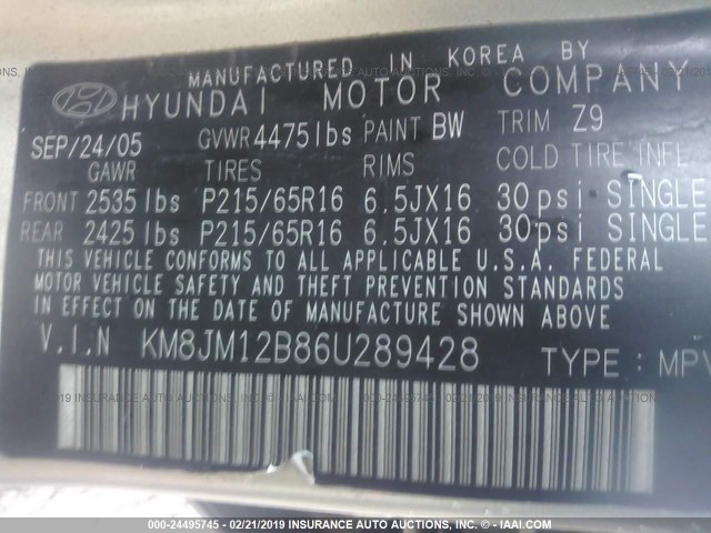 KM8JM12B86U289428 - 2006 HYUNDAI TUCSON GL GOLD photo 9