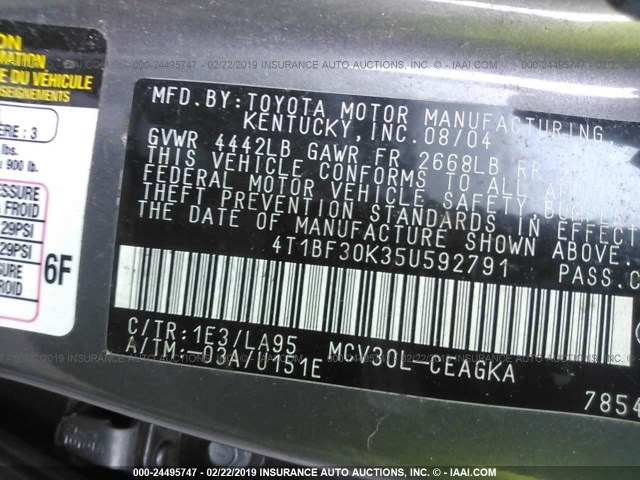 4T1BF30K35U592791 - 2005 TOYOTA CAMRY LE/XLE/SE GRAY photo 9