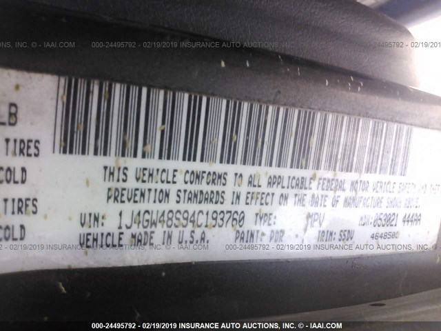 1J4GW48S94C193760 - 2004 JEEP GRAND CHEROKEE LAREDO/COLUMBIA/FREEDOM 灰色 照片 9