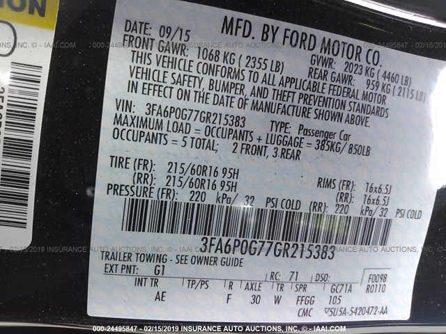 3FA6P0G77GR215383 - 2016 FORD FUSION S BLACK photo 9