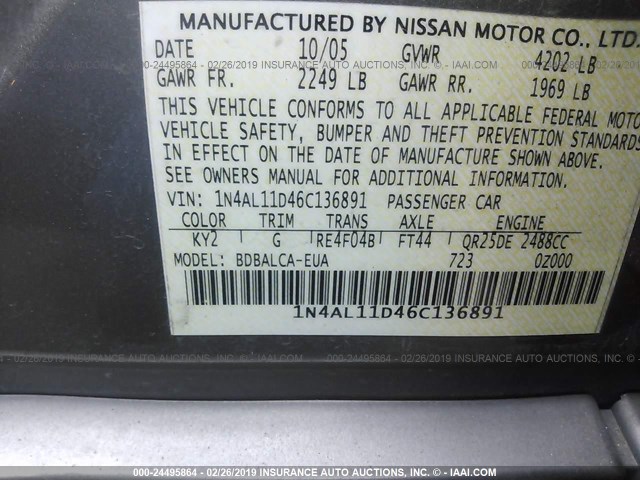 1N4AL11D46C136891 - 2006 NISSAN ALTIMA S/SL TAN photo 9