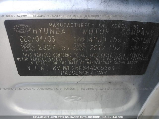 KMHWF25H84A005364 - 2004 HYUNDAI SONATA GL SILVER photo 9