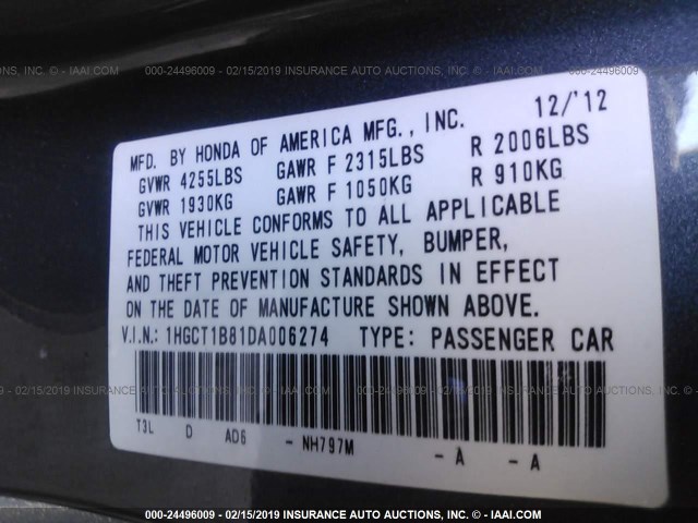 1HGCT1B81DA006274 - 2013 HONDA ACCORD EXL GRAY photo 9