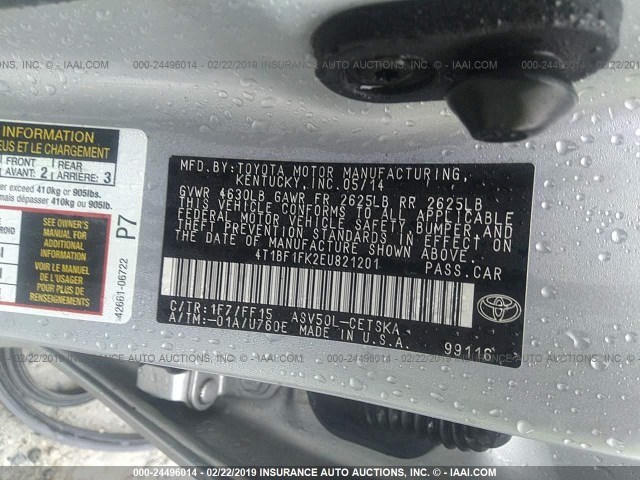 4T1BF1FK2EU821201 - 2014 TOYOTA CAMRY L/SE/LE/XLE ვერცხლისფერი ფოტო 9