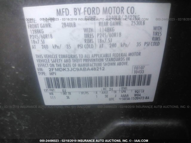 2FMDK3JC9ABA48212 - 2010 FORD EDGE SEL GRAY photo 9