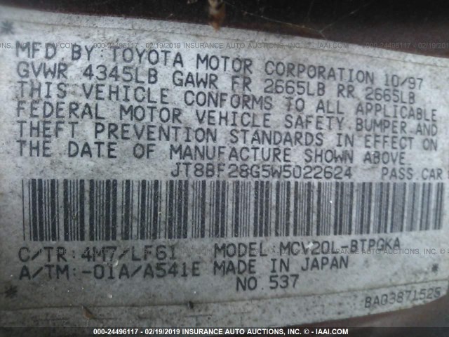 JT8BF28G5W5022624 - 1998 LEXUS ES 300 BLACK photo 9