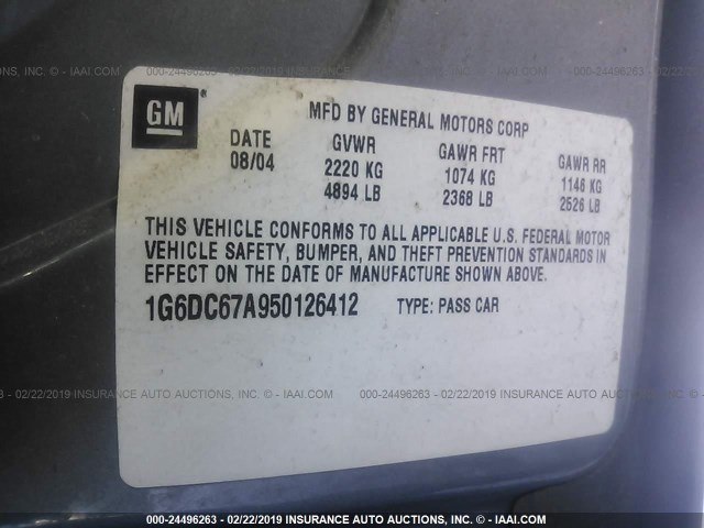 1G6DC67A950126412 - 2005 CADILLAC STS GRAY photo 9
