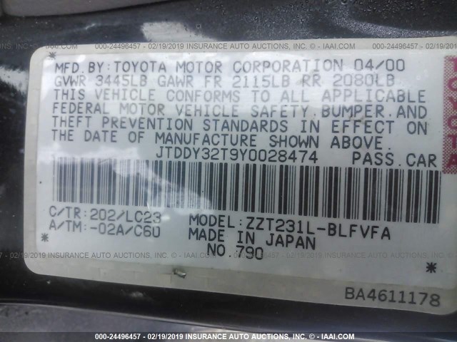 JTDDY32T9Y0028474 - 2000 TOYOTA CELICA GT-S BLACK photo 9