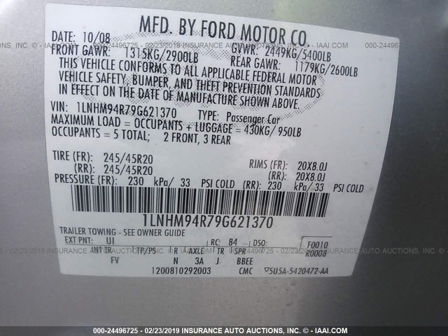 1LNHM94R79G621370 - 2009 LINCOLN MKS SILVER photo 9