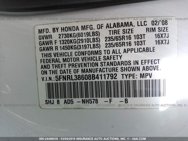 5FNRL38608B411792 - 2008 HONDA ODYSSEY EXL WHITE photo 9