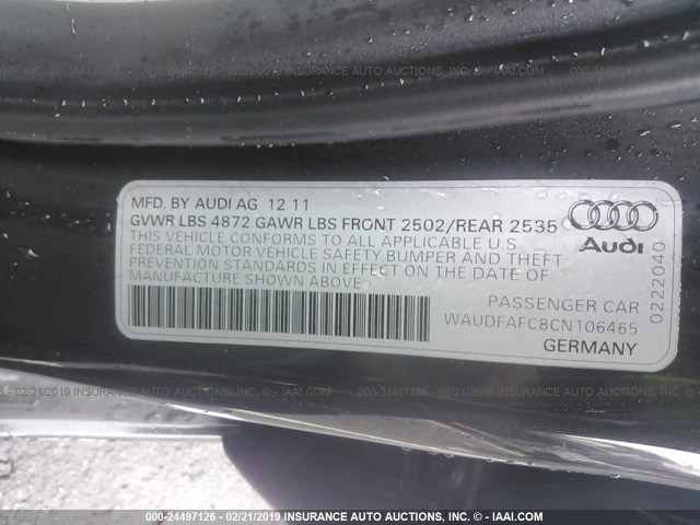 WAUDFAFC8CN106465 - 2012 AUDI A6 PREMIUM PLUS GRAY photo 9