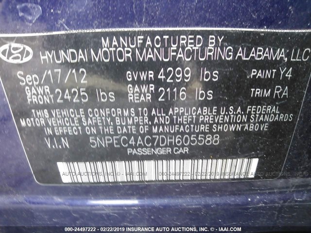 5NPEC4AC7DH605588 - 2013 HYUNDAI SONATA SE/LIMITED BLUE photo 9