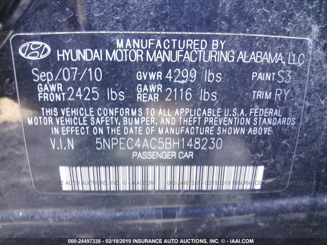 5NPEC4AC5BH148230 - 2011 HYUNDAI SONATA SE/LIMITED BLACK photo 9