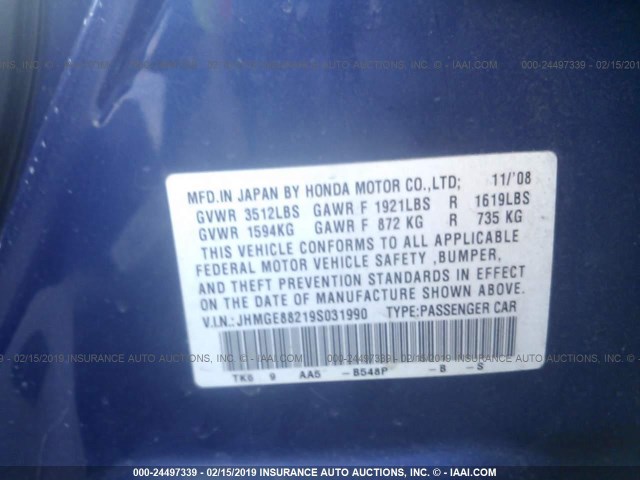 JHMGE88219S031990 - 2009 HONDA FIT BLUE photo 9