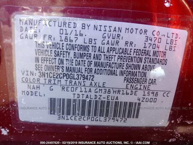 3N1CE2CP0GL379472 - 2016 NISSAN VERSA NOTE S/S PLUS/SV/SL/SR RED photo 9