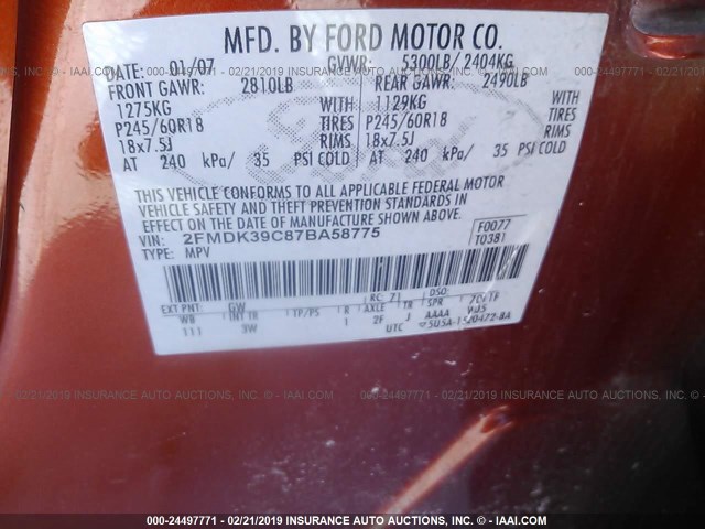 2FMDK39C87BA58775 - 2007 FORD EDGE SEL PLUS ORANGE photo 9