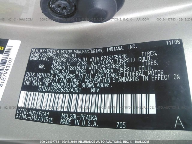 5TDZA23C56S574301 - 2006 TOYOTA SIENNA CE/LE TAN photo 9