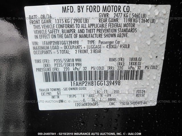 1FAHP2H81GG139498 - 2016 FORD TAURUS SEL BLACK photo 9