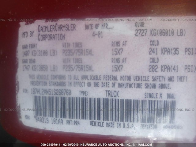 1B7HL2AN51S268760 - 2001 DODGE DAKOTA QUAD RED photo 9