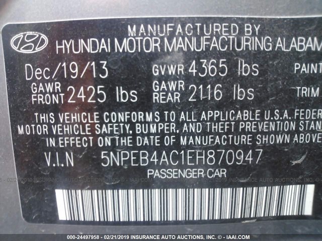 5NPEB4AC1EH870947 - 2014 HYUNDAI SONATA GLS GRAY photo 9