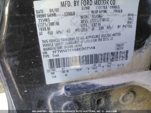 1FTWW31Y88ED87314 - 2008 FORD F350 SRW SUPER DUTY GRAY photo 10