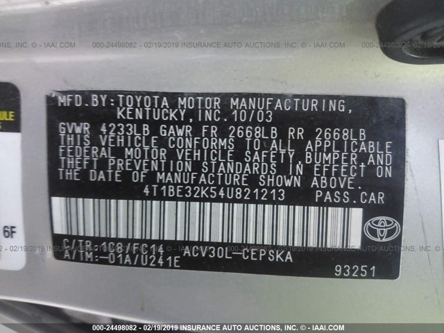 4T1BE32K54U821213 - 2004 TOYOTA CAMRY LE/XLE/SE SILVER photo 9