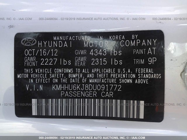 KMHHU6KJ8DU091772 - 2013 HYUNDAI GENESIS COUPE 3.8L WHITE photo 9