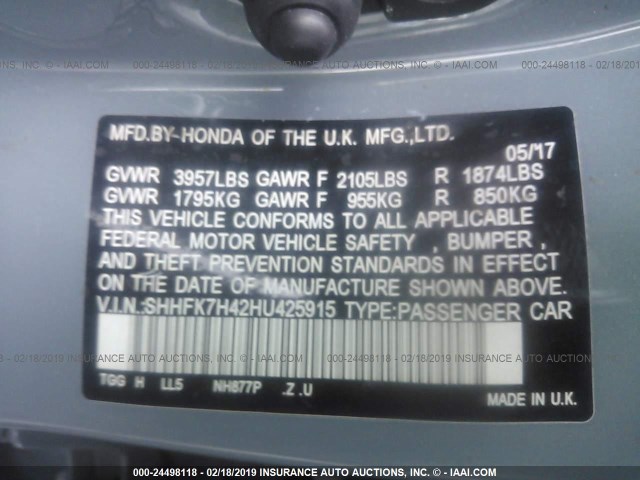 SHHFK7H42HU425915 - 2017 HONDA CIVIC SPORT Niebieski zdjęcie 9