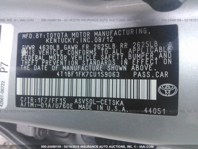 4T1BF1FK7CU159063 - 2012 TOYOTA CAMRY SE/LE/XLE SILVER photo 9