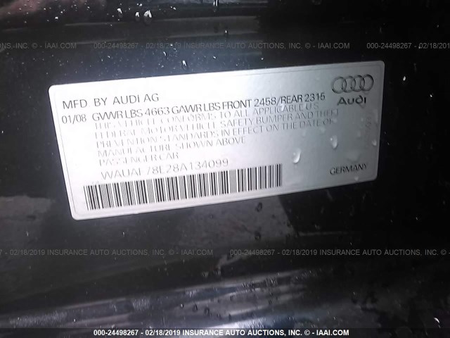 WAUAF78E28A134099 - 2008 AUDI A4 2.0T BLUE photo 9
