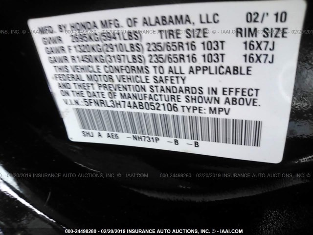 5FNRL3H74AB052106 - 2010 HONDA ODYSSEY EXL BLACK photo 9