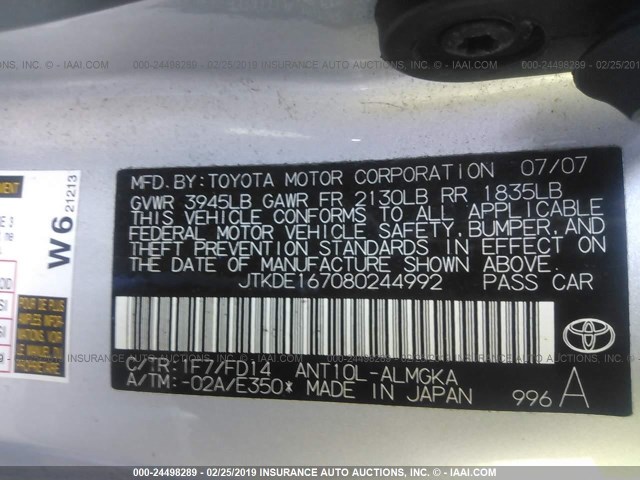 JTKDE167080244992 - 2008 TOYOTA SCION TC 银色 照片 9