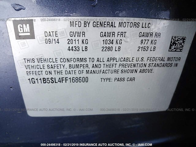 1G11B5SL4FF168600 - 2015 CHEVROLET MALIBU LS 蓝色 照片 9