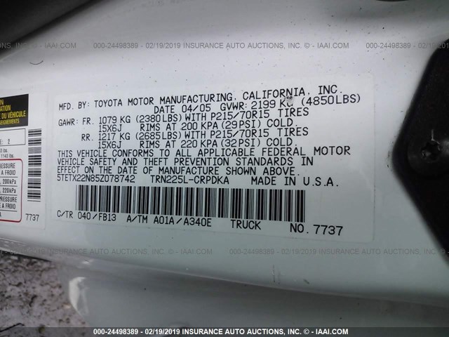 5TETX22N85Z078742 - 2005 TOYOTA TACOMA ACCESS CAB თეთრი ფოტო 9