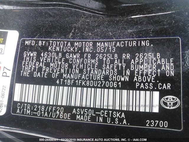 4T1BF1FK8DU270061 - 2013 TOYOTA CAMRY L/SE/LE/XLE 黑色 照片 9