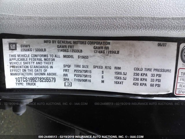 1GTCS199278255579 - 2007 GMC CANYON BLACK photo 9