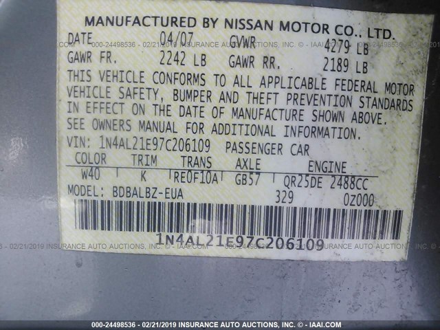 1N4AL21E97C206109 - 2007 NISSAN ALTIMA 2.5/2.5S GRAY photo 9