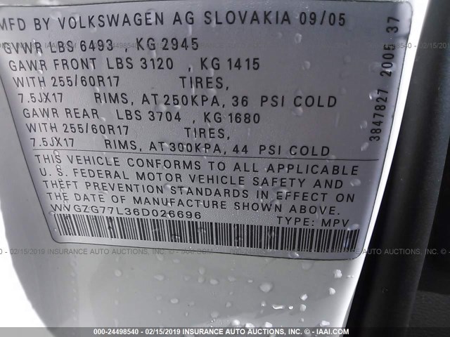 WVGZG77L36D026696 - 2006 VOLKSWAGEN TOUAREG 3.2 WHITE photo 9