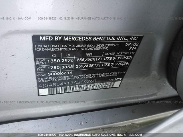 4JGAB54E13A389260 - 2003 MERCEDES-BENZ ML 320 SILVER photo 9