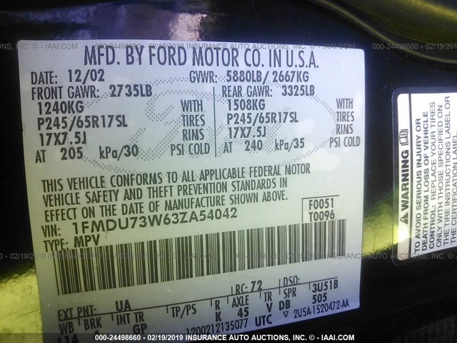 1FMDU73W63ZA54042 - 2003 FORD EXPLORER XLT/XLT SPORT/NBX BLACK photo 9