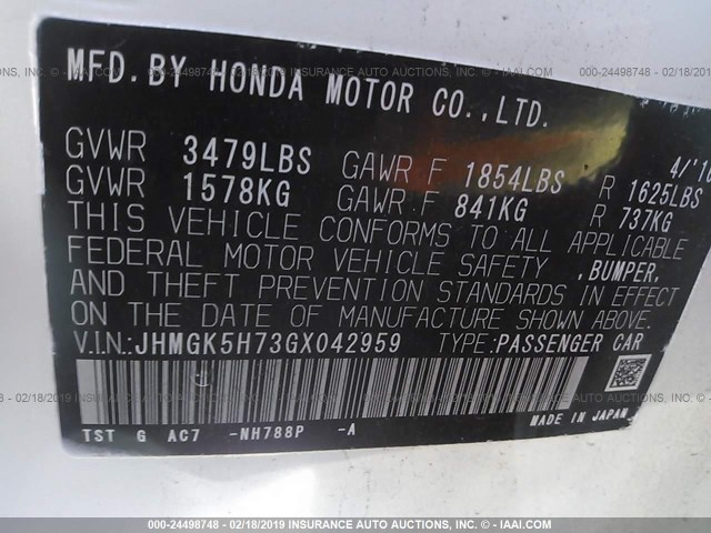 JHMGK5H73GX042959 - 2016 HONDA FIT EX/EXL WHITE photo 9