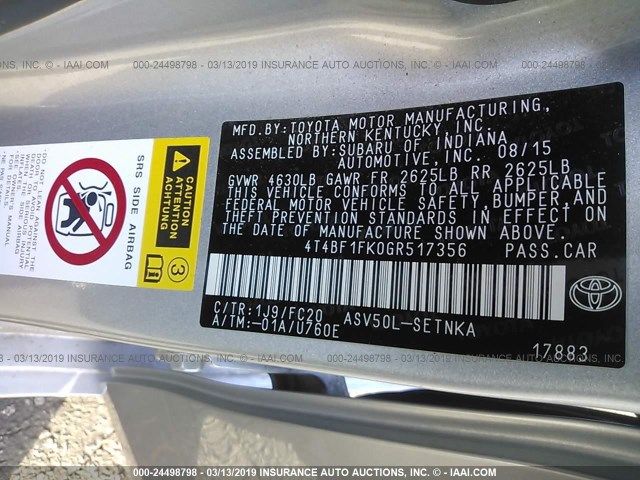 4T4BF1FK0GR517356 - 2016 TOYOTA CAMRY LE/XLE/SE/XSE SILVER photo 9