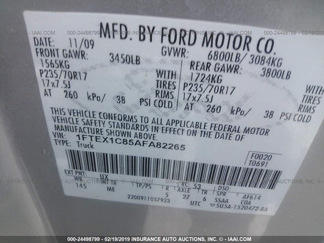 1FTEX1C85AFA82265 - 2010 FORD F150 SUPER CAB SILVER photo 9